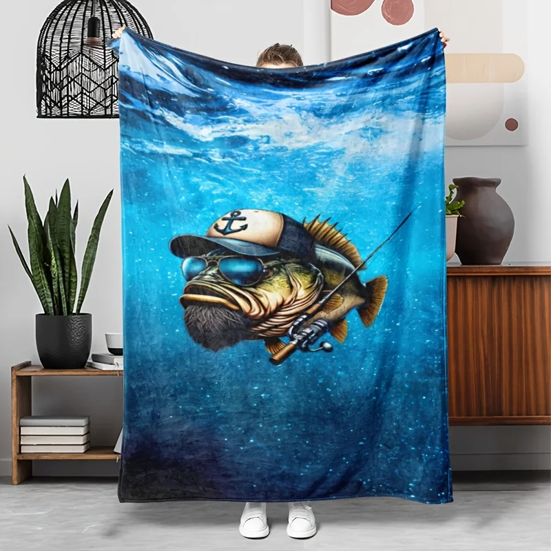 1pc Retro Fishing Lure Print Flannel Blanket - Soft Warm All-Season Multi-Use Throw for Camping, Sofa, Travel & Gifts - Vibrant