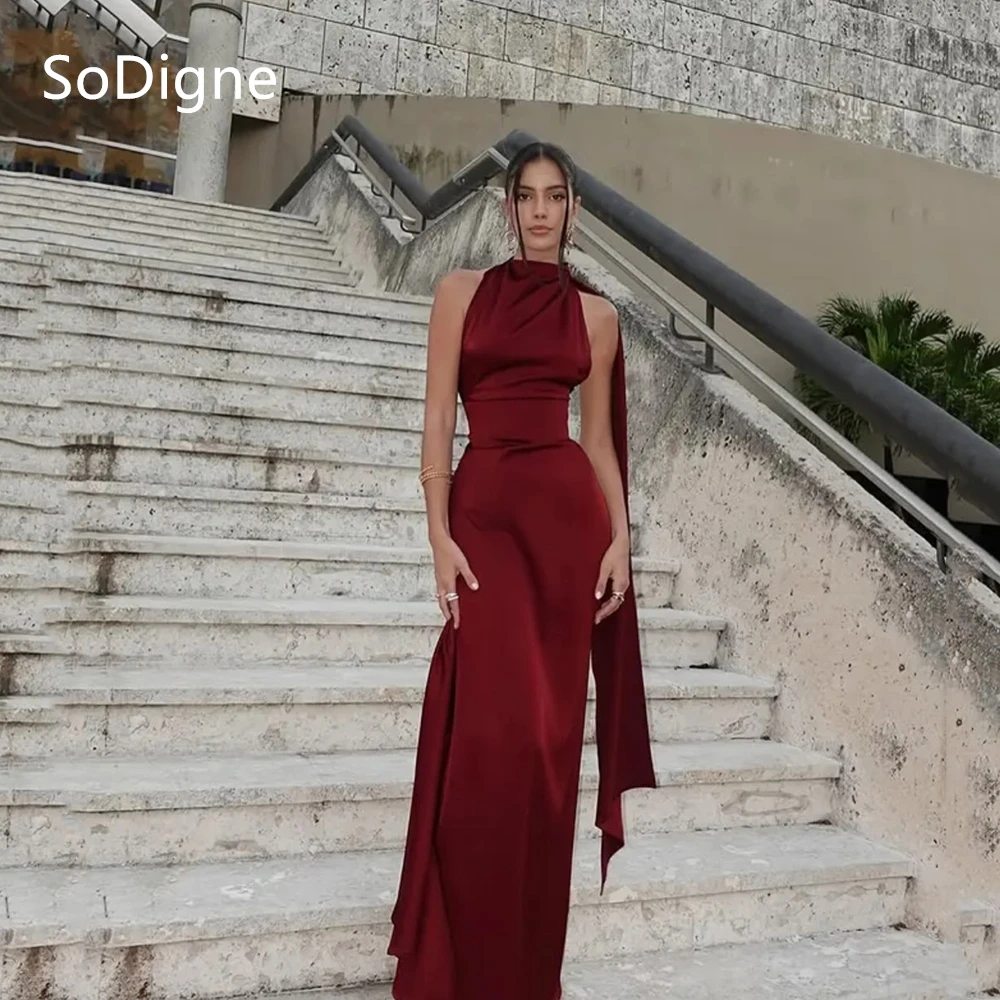 

SoDigne Chic Red Satin Evening Dresses Sexy Halter Sleeveless Ribbons Party Dress Backless Mermaid Prom Gowns Customized