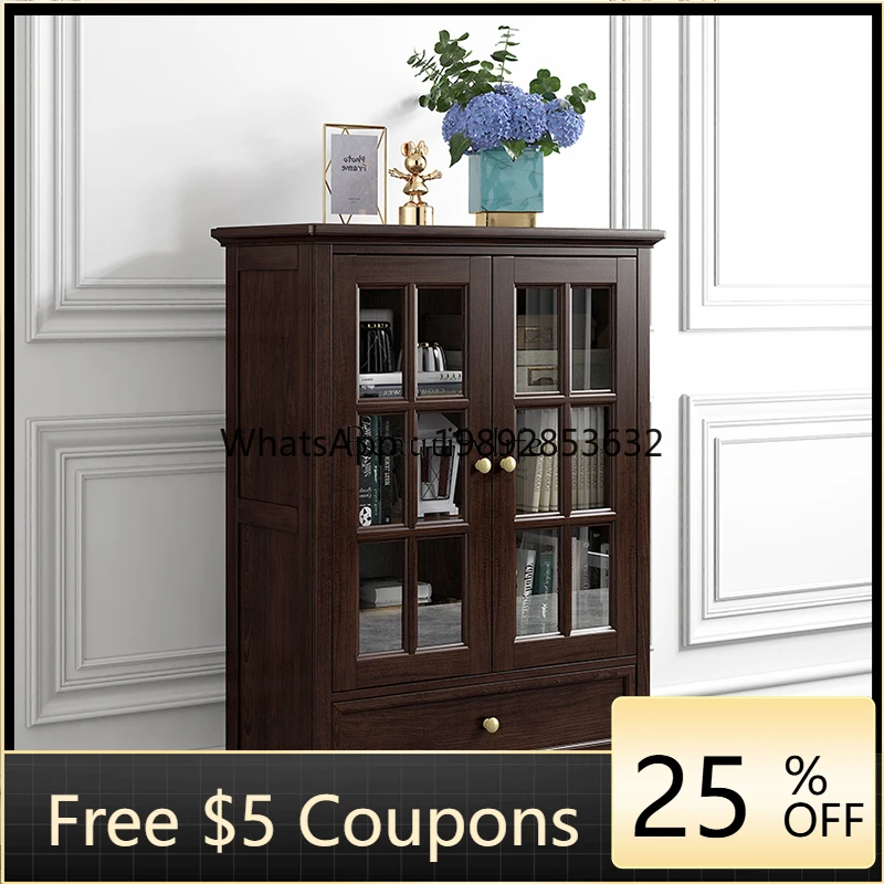 

FF American light luxury solid wood ash wood double door side hall cabinet living room furniture glass storage cabinet