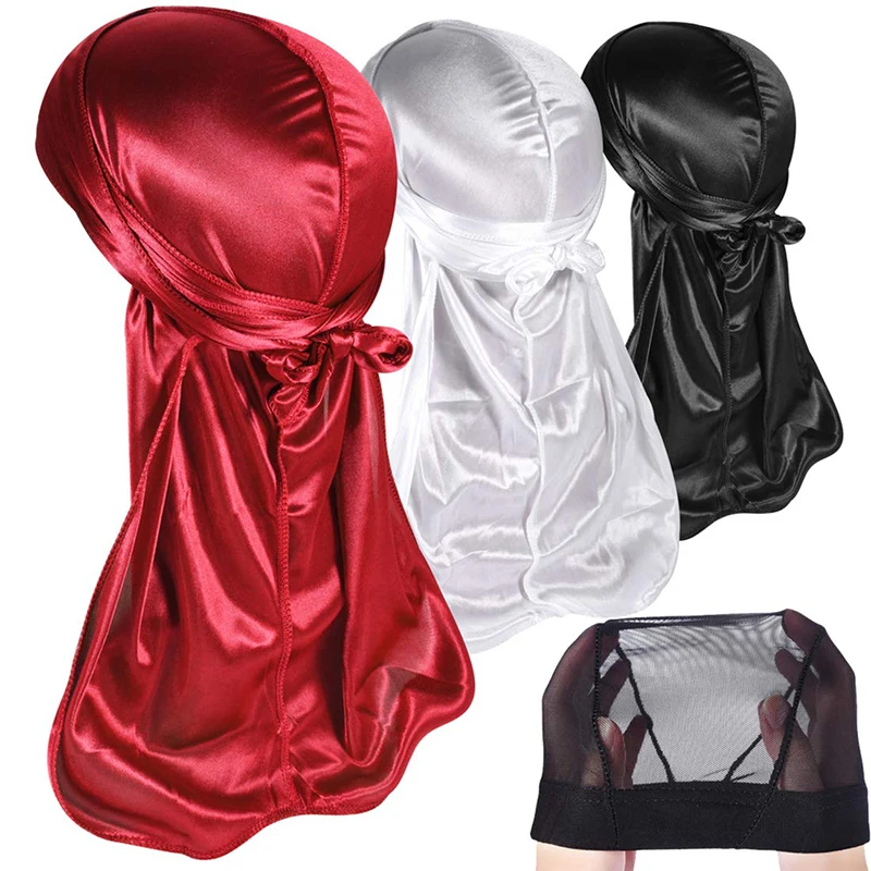 4PCS/LOT Silky Durags Turban Hat And Mesh Chemo Cap Unisex Silk Durag Headwear Headband Breathable Bandana Hat Pirate dla dorosłych