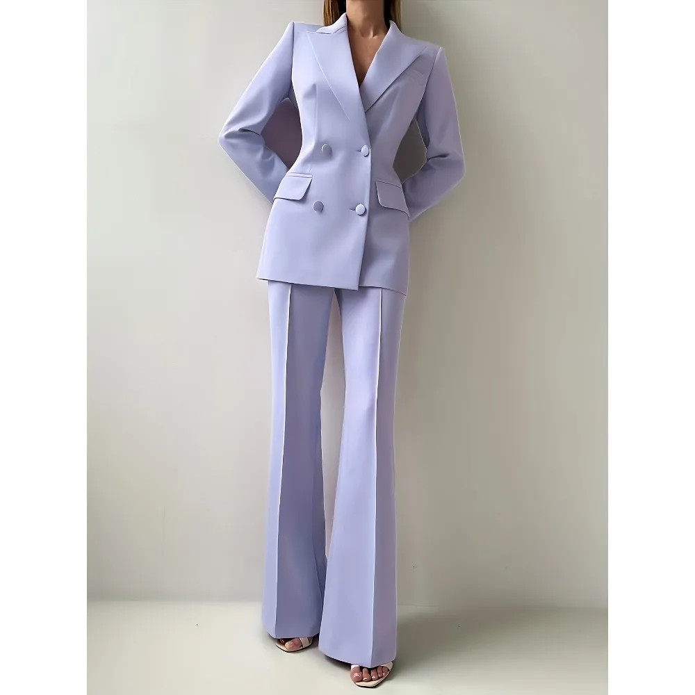 Elegant women's tailored suit set with a waist-cinching design, including a coat and trousers