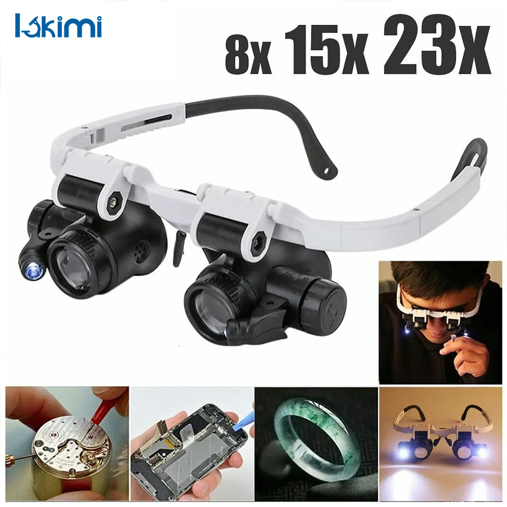 LED Magnifying Headband Jeweler Repair Loupe Glasses, 2X - 8X, 15X, 23X Adjustable Head-Mounted Lens LK-AA39