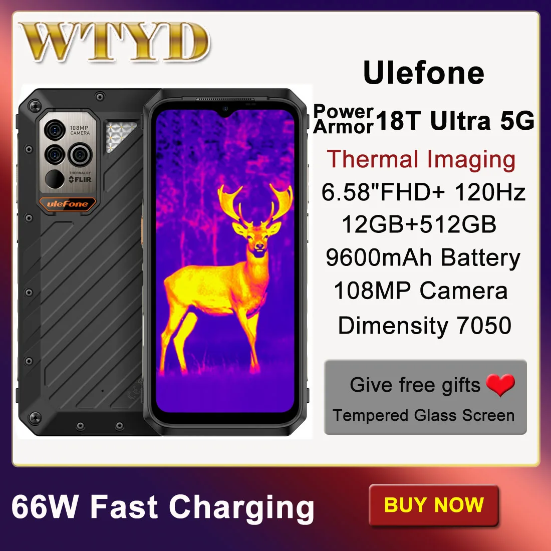 Ультра тепловизионная камера Ulefone Power Armor 18T FLIR ®   Прочный телефон 12 ГБ + 512 ГБ 6,58 дюйма FHD + 120 Гц Android 13 NFC 5G Смартфон