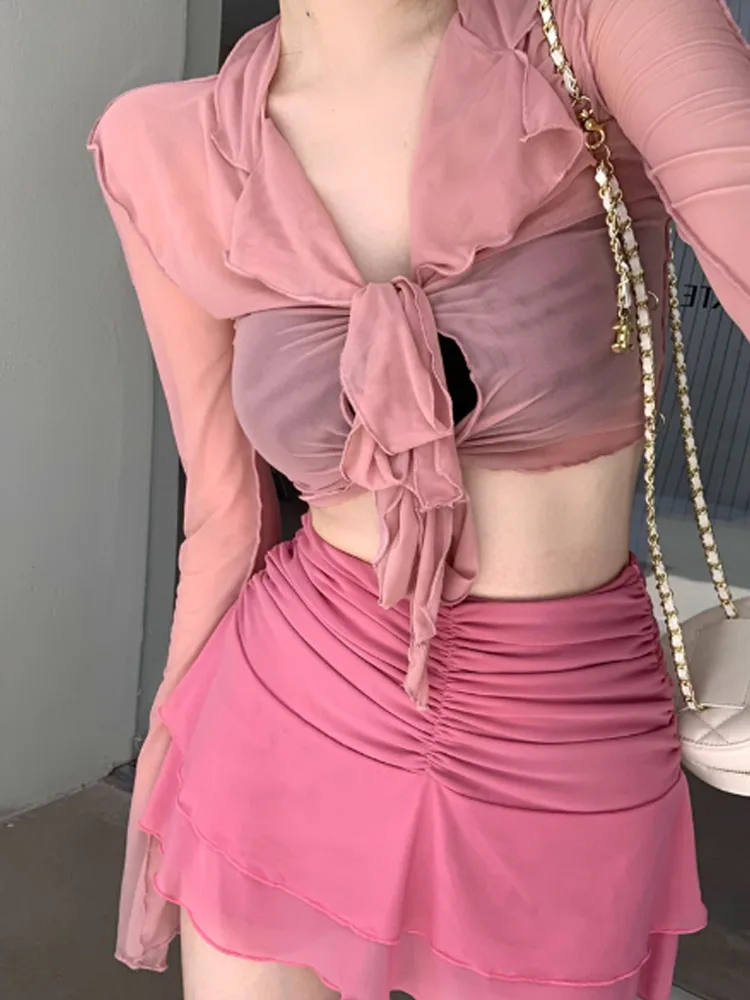 

Pure Desire Style French Mesh Set Skirt Autumn New Style Ruffle Lace Sunscreen Shirt Short Open Umbilical Shirt