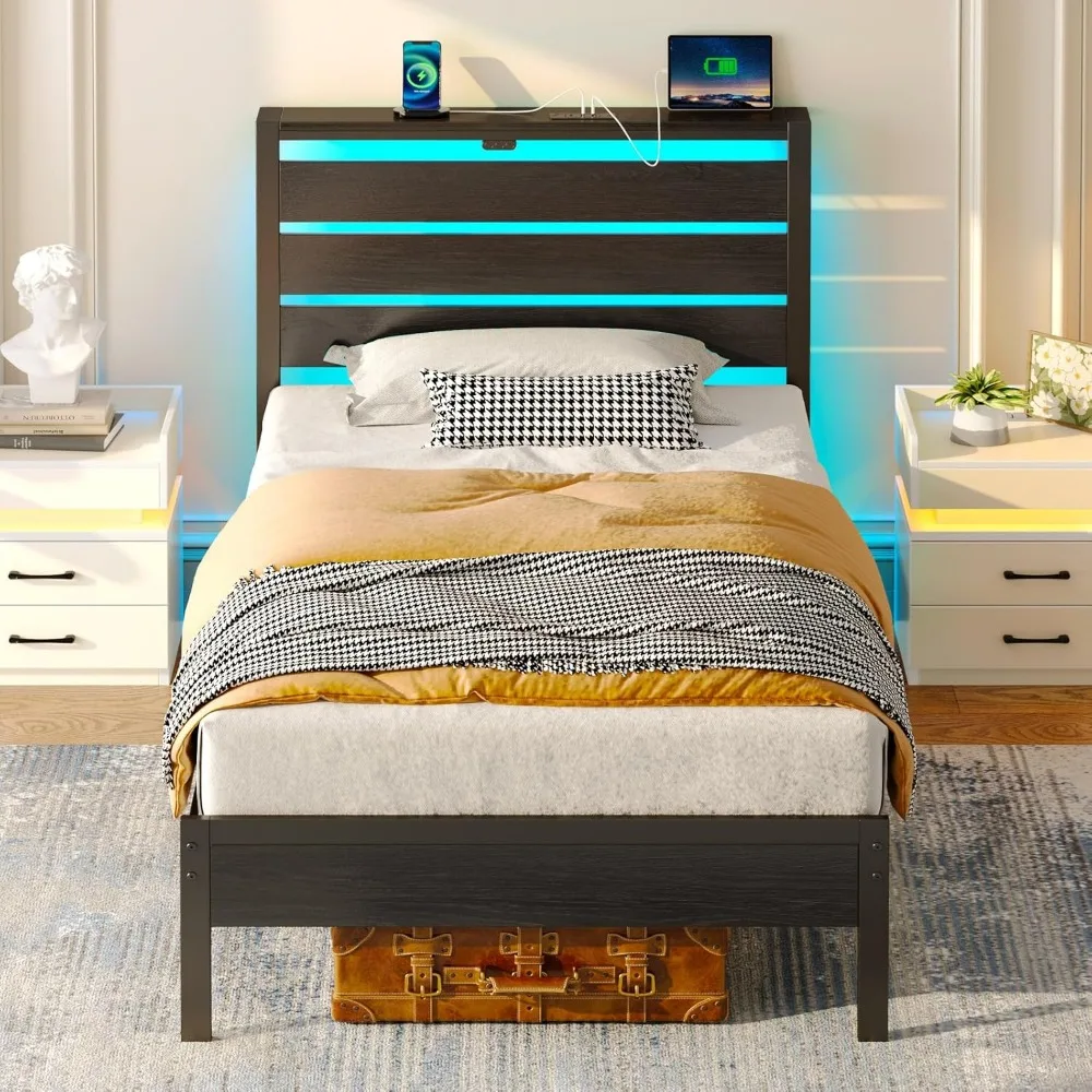 

Bed Frame Twin Size with USB Charging Station, LED Bed Frame with Wood Storage Headboard, Black Metal Platform Bed wit