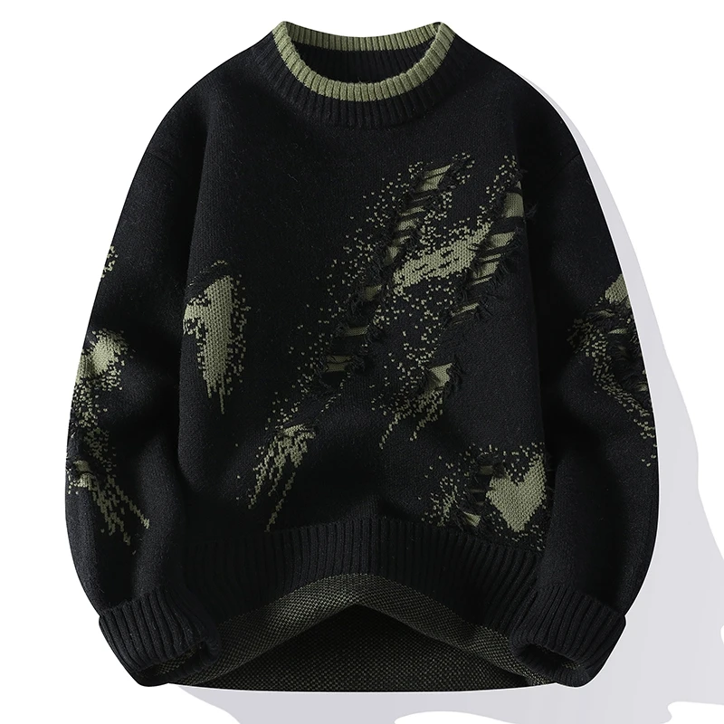 Autumn High Street Trendy Ripped Knit Sweater 2023 Fashion Hip-Hop High Quality Pullover Outdoor Loose and Warm Thick Street