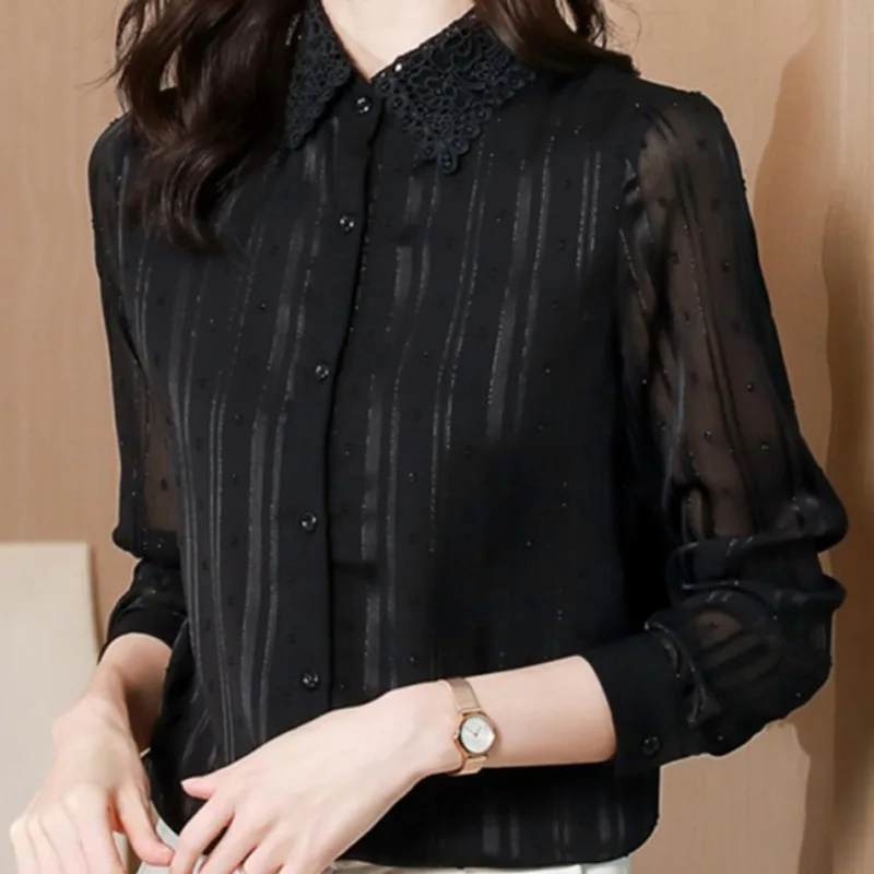 #2511 Black Shirt Woman Embroidery Polo-neck Transparent Long Sleeve Women\'s Shirt Lady Shirt Print Bright Silk Vertical Striped