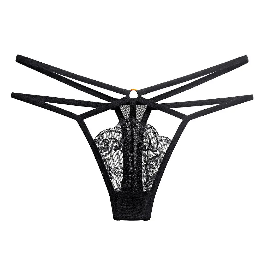 Tanga de encaje con cinturón cruzado para mujer, bragas transparentes, Sexy, flor de perla