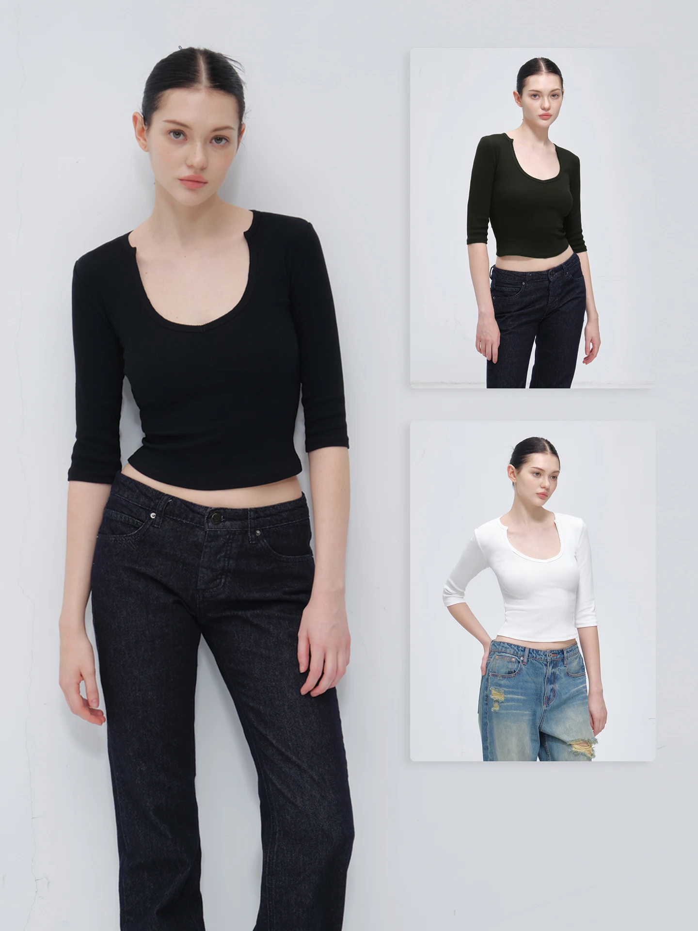 

French-Style Large U-Neck Mid-Sleeve T-Shirt for Women, Spring and Autumn Slim-Fit Short Crop Top, Basic Slimming Inner Layering Shirt