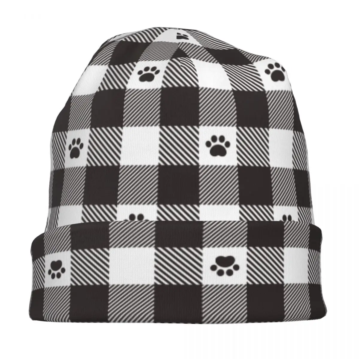 Dog Paw Pattern Checked Tartan Plaid Bonnet Hats Goth Street French Bulldog Lover Skullies Beanies Hats Unisex Summer Caps