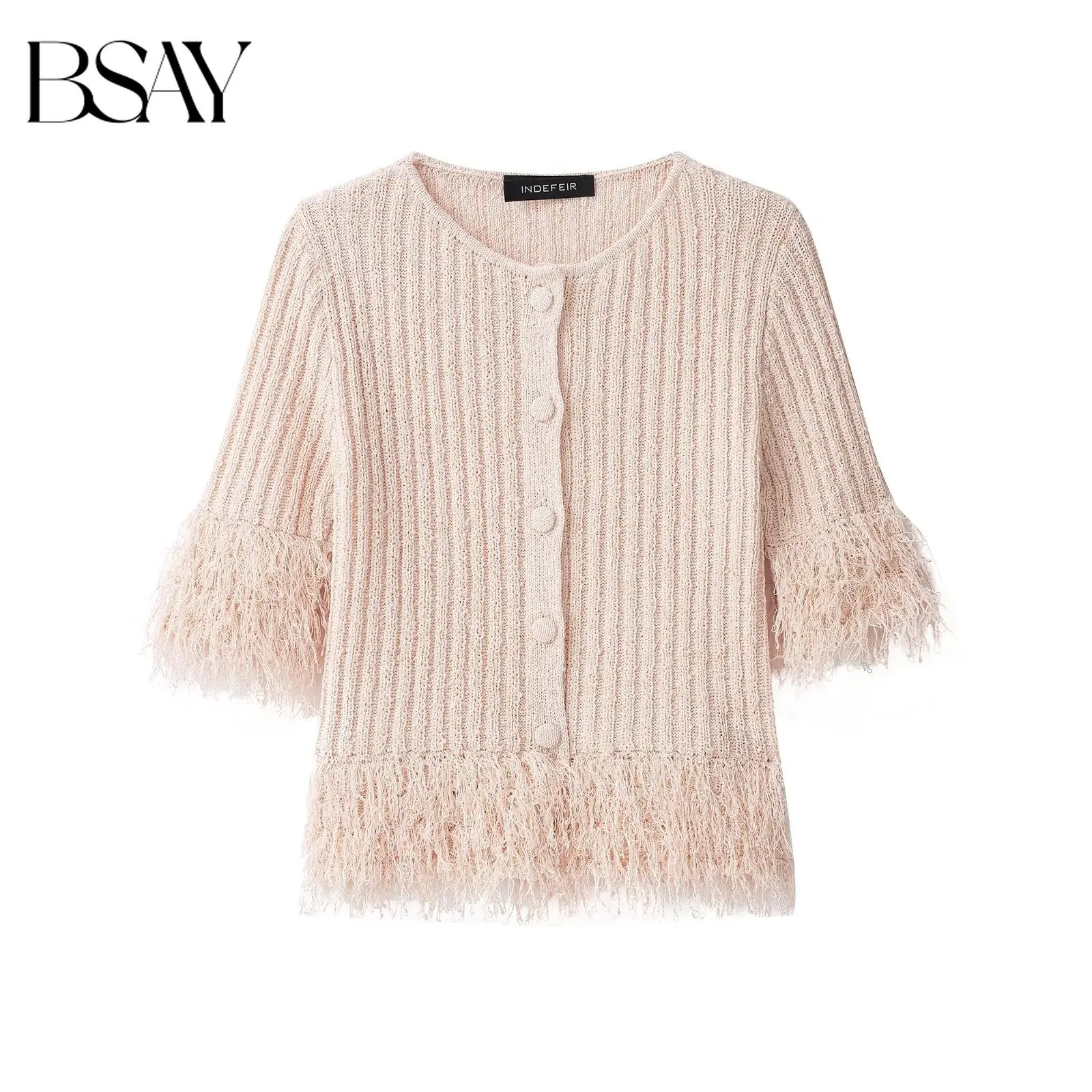 BSAY 2026 Modische Damen-Strickjacke mit Fransenbesatz, Rundhalsausschnitt, Knopfleiste vorne, 3/4-Schlagärmeln, geripptem Strick, lässige kurze Strickjacke