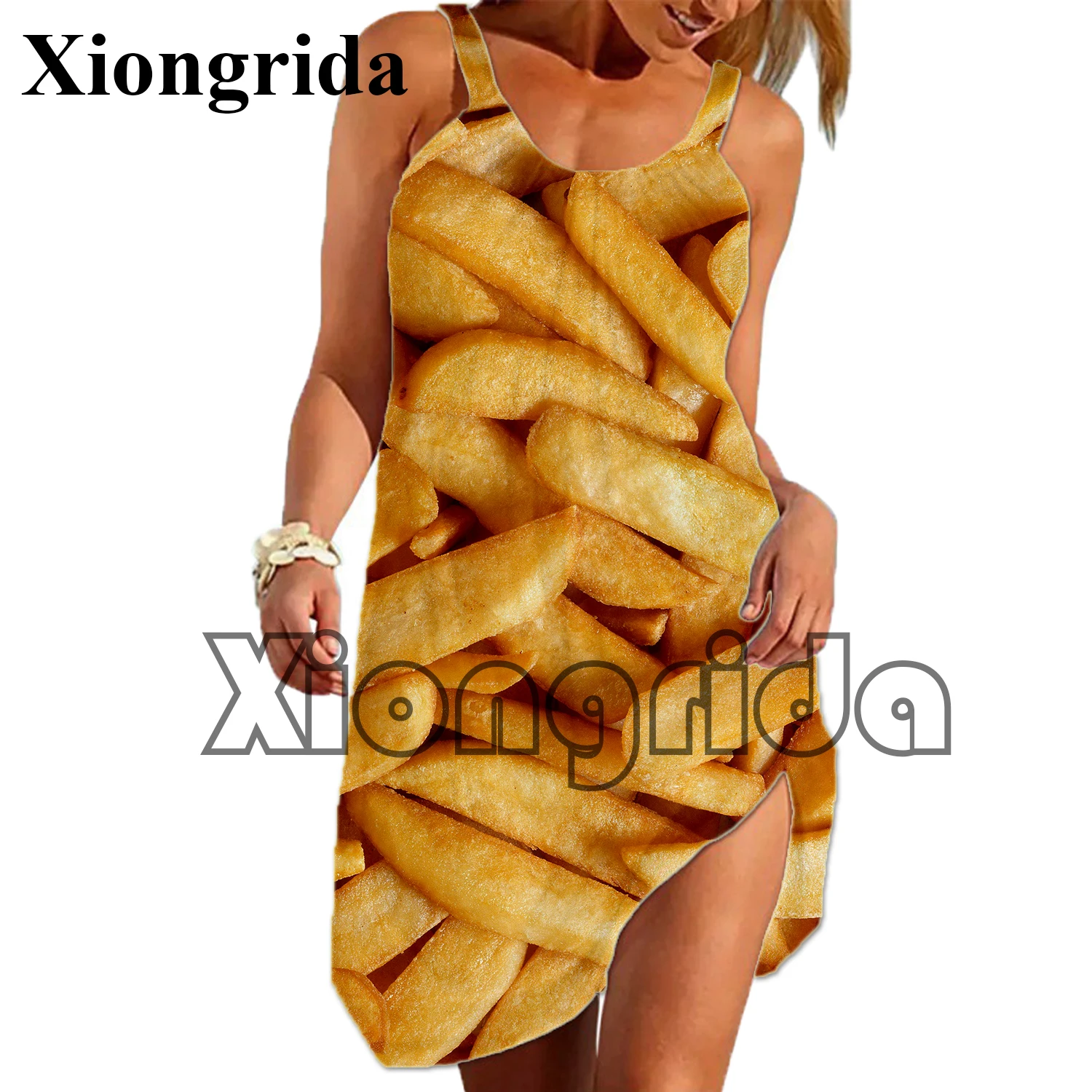 Novità patatine fritte stampate Slip Dress abiti Casual senza maniche moda 3D Snack stampato allentato Camis Dress vestiti femminili