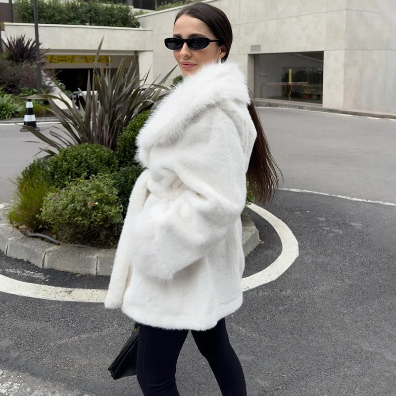 TARUXY luxueux vison fausse fourrure de renard manteau femmes mode élégant grand col de fourrure longue mince à lacets veste de fourrure hiver femme manteau