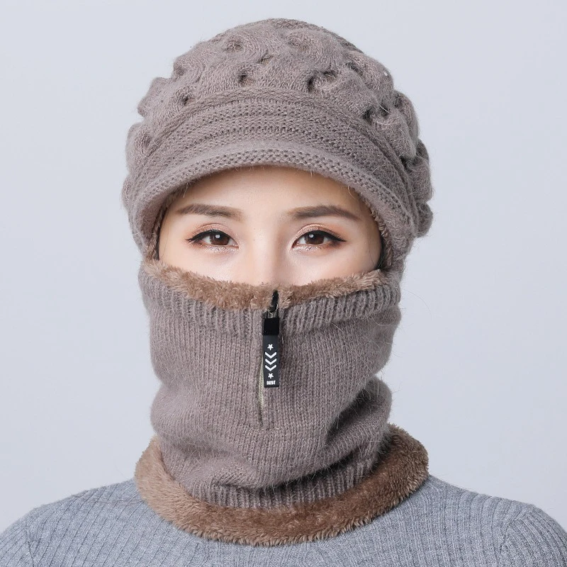 Frauen Gestrickte Schal Maske Hut Set Winter Warme Beanie Hut Elastische Weiche Gestrickte Gehörschutz Winddicht Schnee Ski Cap Einteilige hut – Detail 11