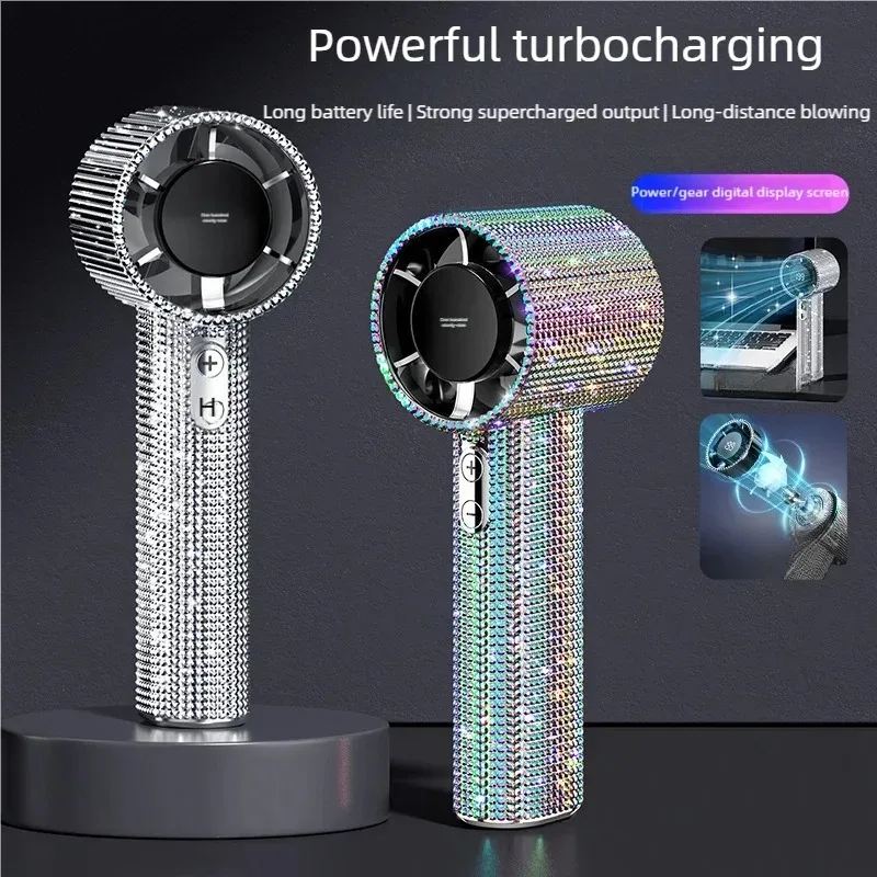 Rhinestone Handheld Fan 199 Speeds Turbo Wind,Digital Display Type-C Rechargeable Quiet Portable Cooling Fan for Outdoor Travel