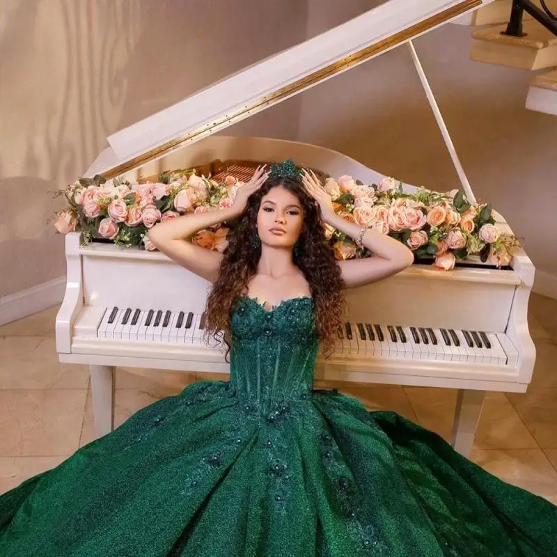 Abito Quinceanera verde scuro glitter personalizzato Abito da ballo Applique Corsetto con perline Abiti Sweet 16 Vestido De 15 Anos