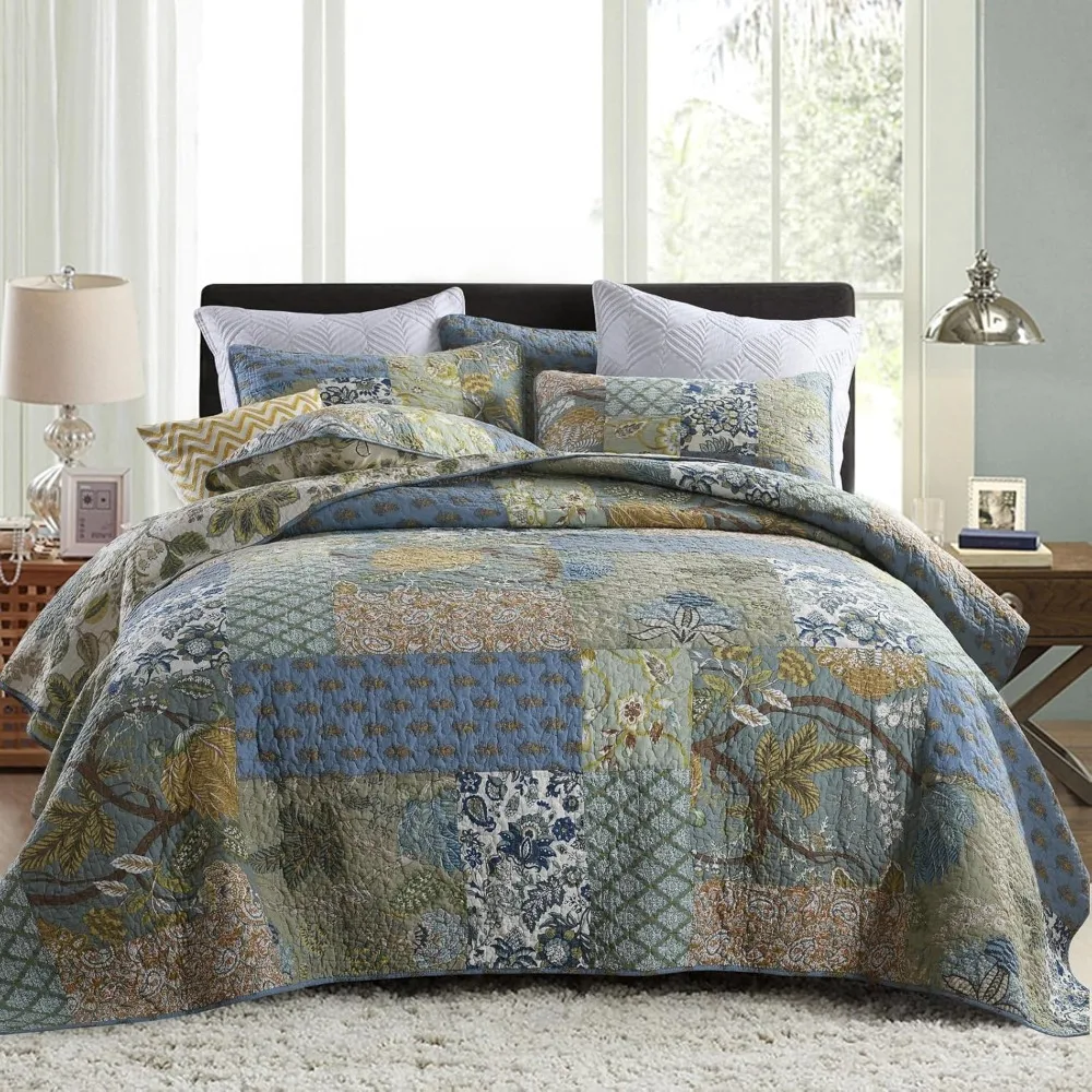 

Cotton Quilt Set Queen Size - Green Sage Bedspread 90x98 Inches with 2 Pillow Shams