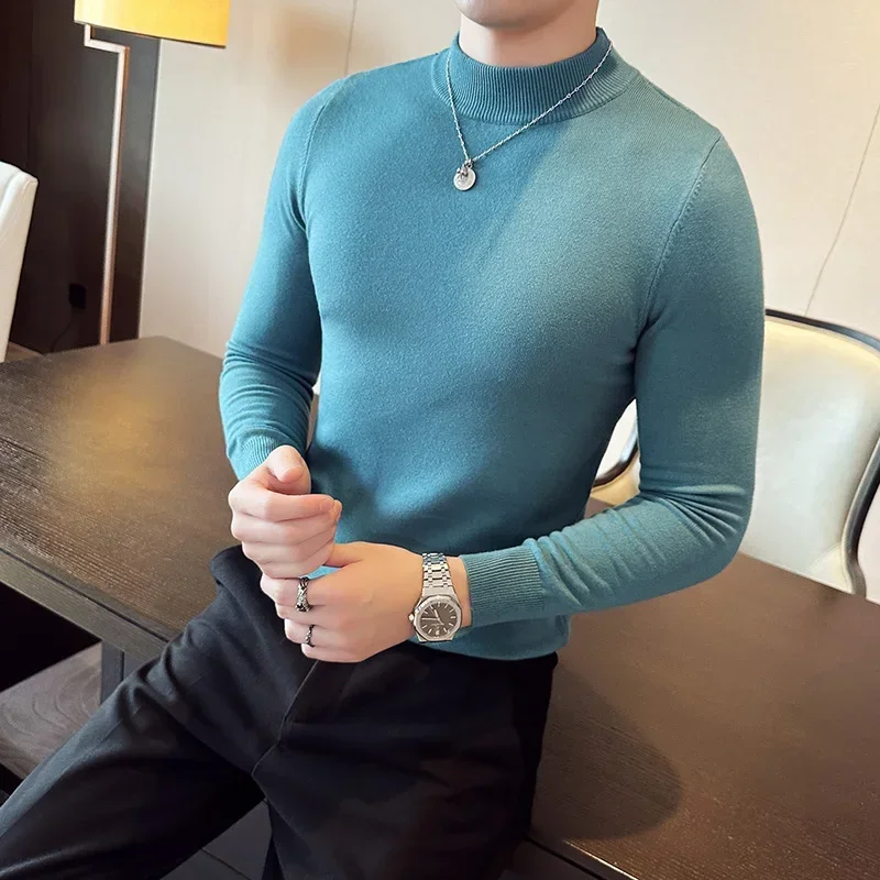 팝 가을 겨울 느슨한 캐주얼 모의 목 스웨터 남성 패션 니트 풀오버 남성 솔리드 컬러 따뜻한 하라주쿠 뜨개질 스웨터 Ma