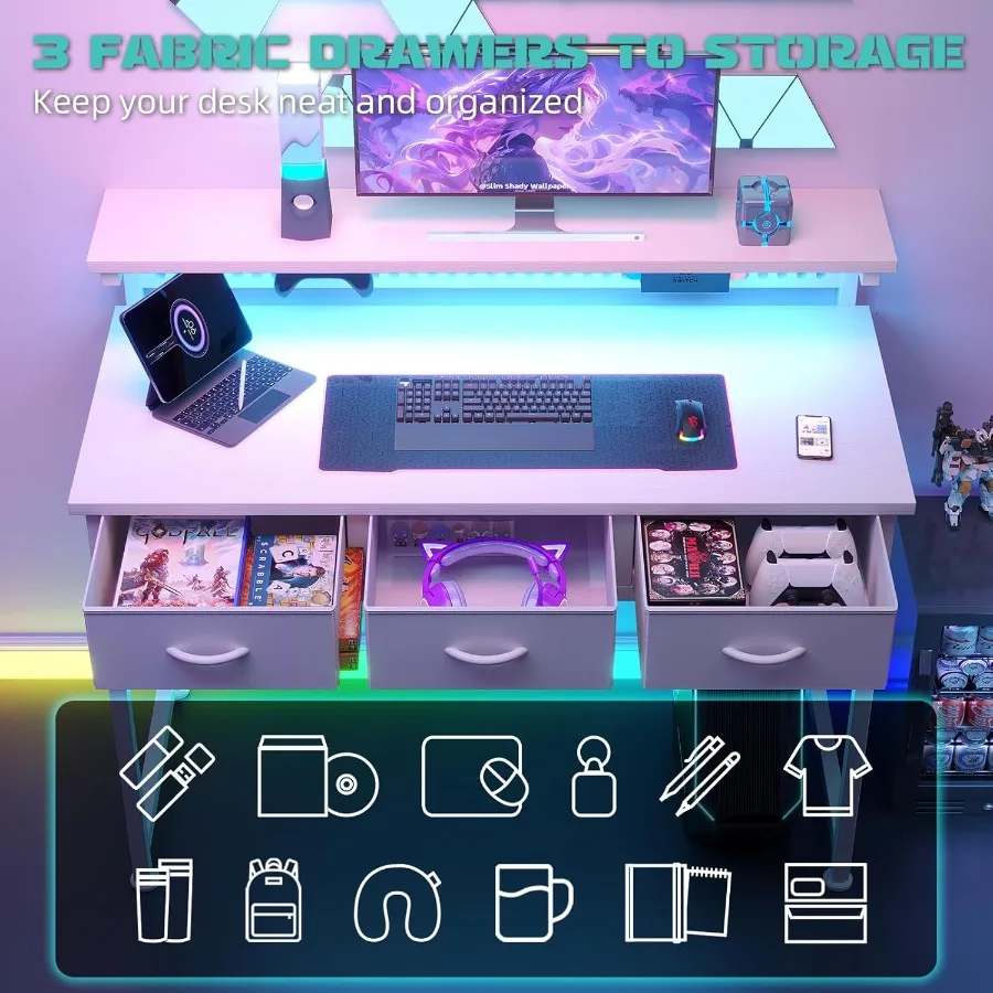 مكتب كمبيوتر حديث مقاس 40 بوصة مع أدراج مخرج طاقة متكامل وإضاءة LED للألعاب والدراسة وحامل شاشة قابل للتعديل أ #5