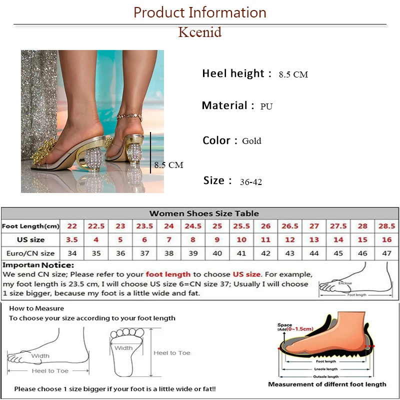 Kcenid Summer Golden String Bead Designer Transparent Crystal Strange Style Heels Square Toe Women Slippers High Heels Mules