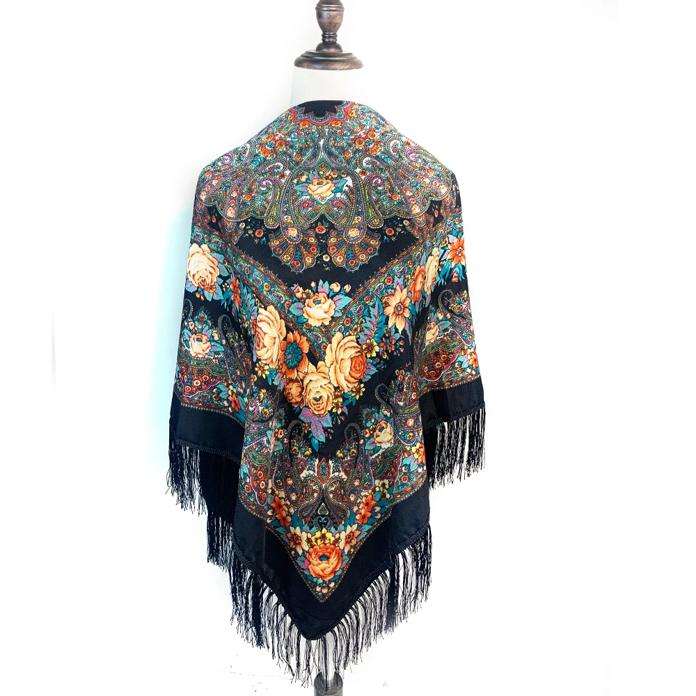 130*130cm Luxury Floral Print Fringed Ukrainian Shawl Women Russian National Square Scarf Babushka Handkerchief Head Wraps