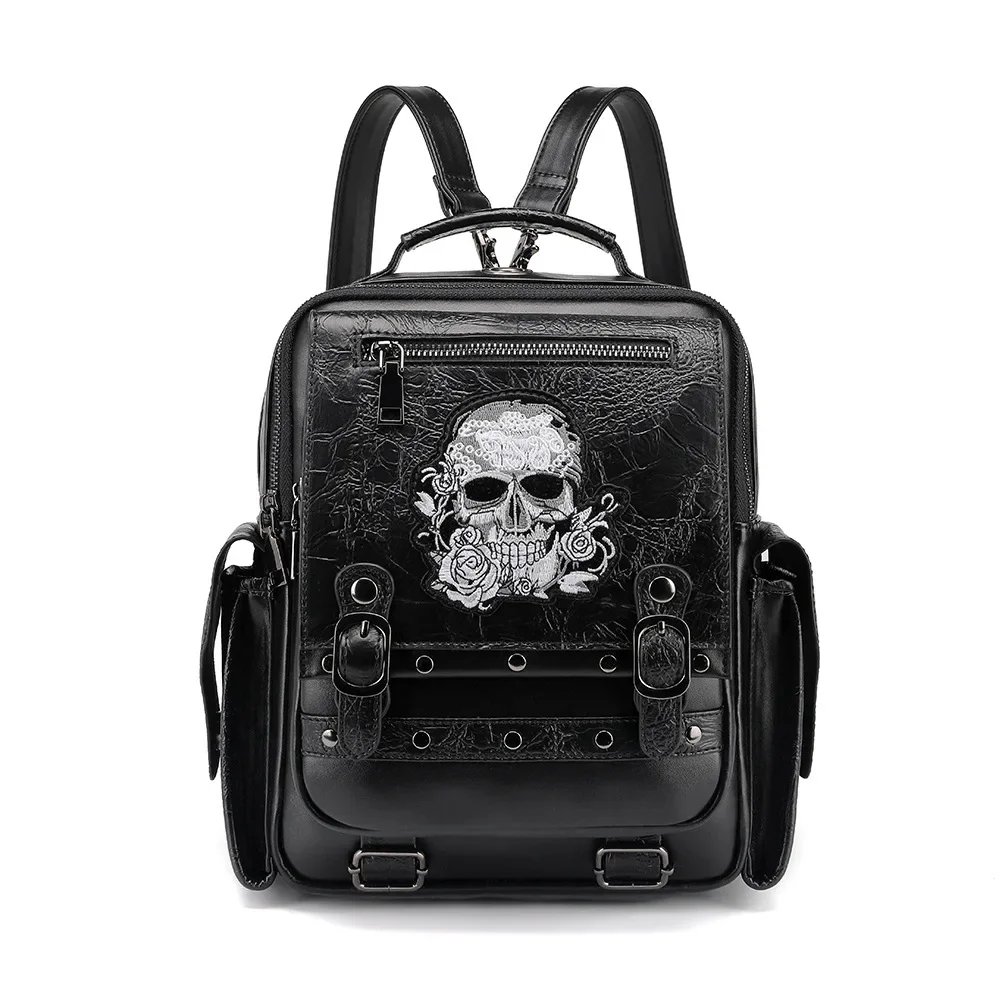 

Gothic style large capacity women's backpack skull head embroidered backpack PU leather