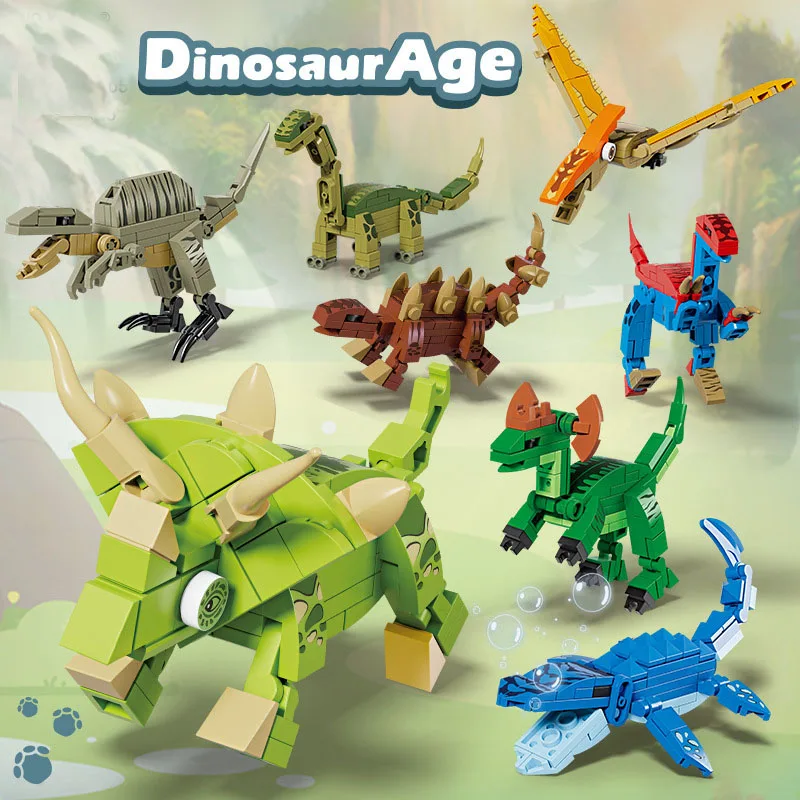 8Pcs Mini Jurassic Dinosaurs Block DIY Mosasaurus Therizinosaurus Triceratops Stegosaurus  Building Bricks Toy For Kids