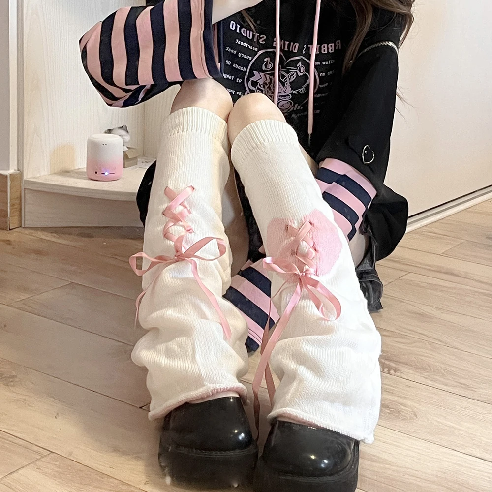 Autumn Winter Women's Leg Warmers Japanese Style Lolita Girl JK Socks Sweet Love Pattern Bandage Leg Socks Knitted Foot Covers