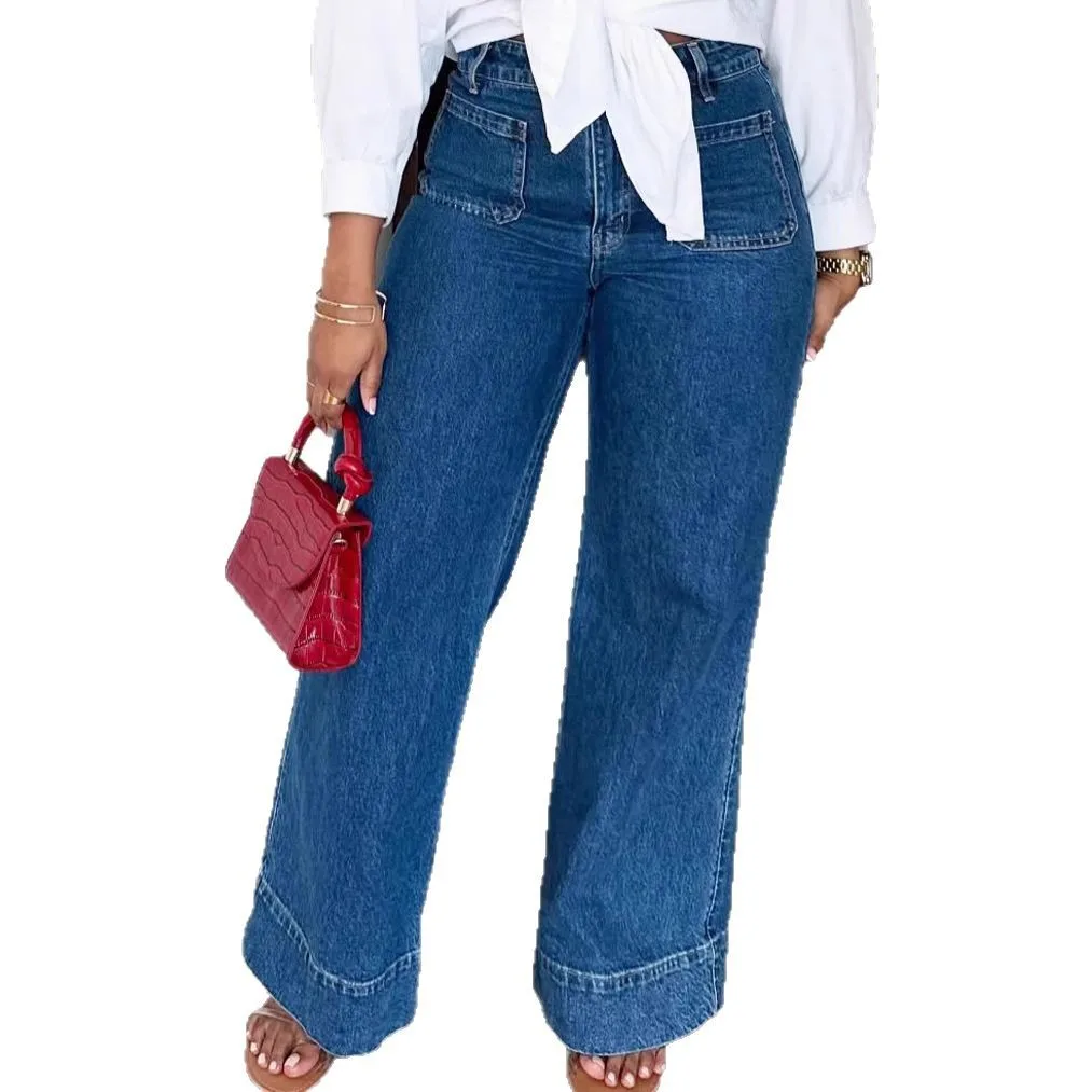 Rechte jeans dames vintage broek vloerlengte hoge taille broek meerdere zakken gewassen noodlijdende 2025, streetwear denims