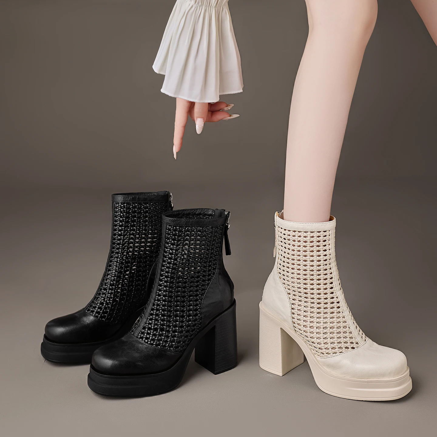 

Genuine Leather Cowhide Women's Sandals, Hollow Out Breathable Summer Mesh ﻿Ankle boots, Fashion Heels Womens Shoes
