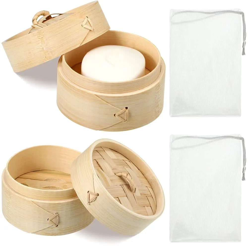 

Natural Bamboo Soap Bar Holder with Lid Soap Dish Drain Foaming Net Shampoo Container Wood Tray Handmade Bamboo Case f