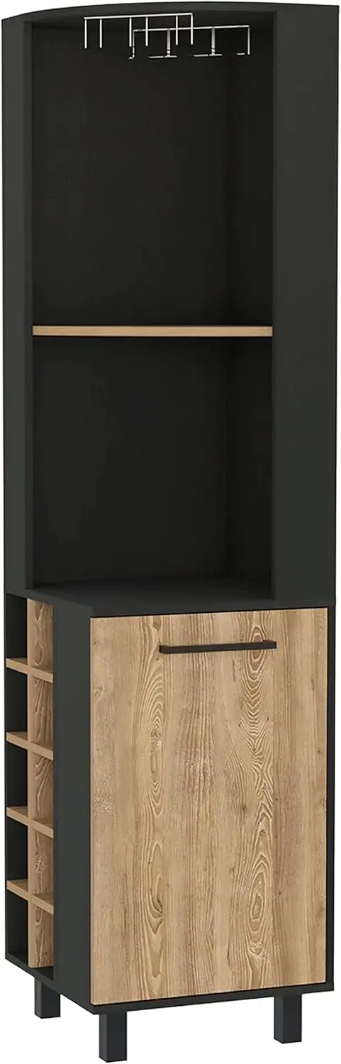 Leah Corner Bar Cabinet With 2 Open Shelves, 2 Inner Shelves, Glass Rack And 10 Wine Cubbies, Black/Pine