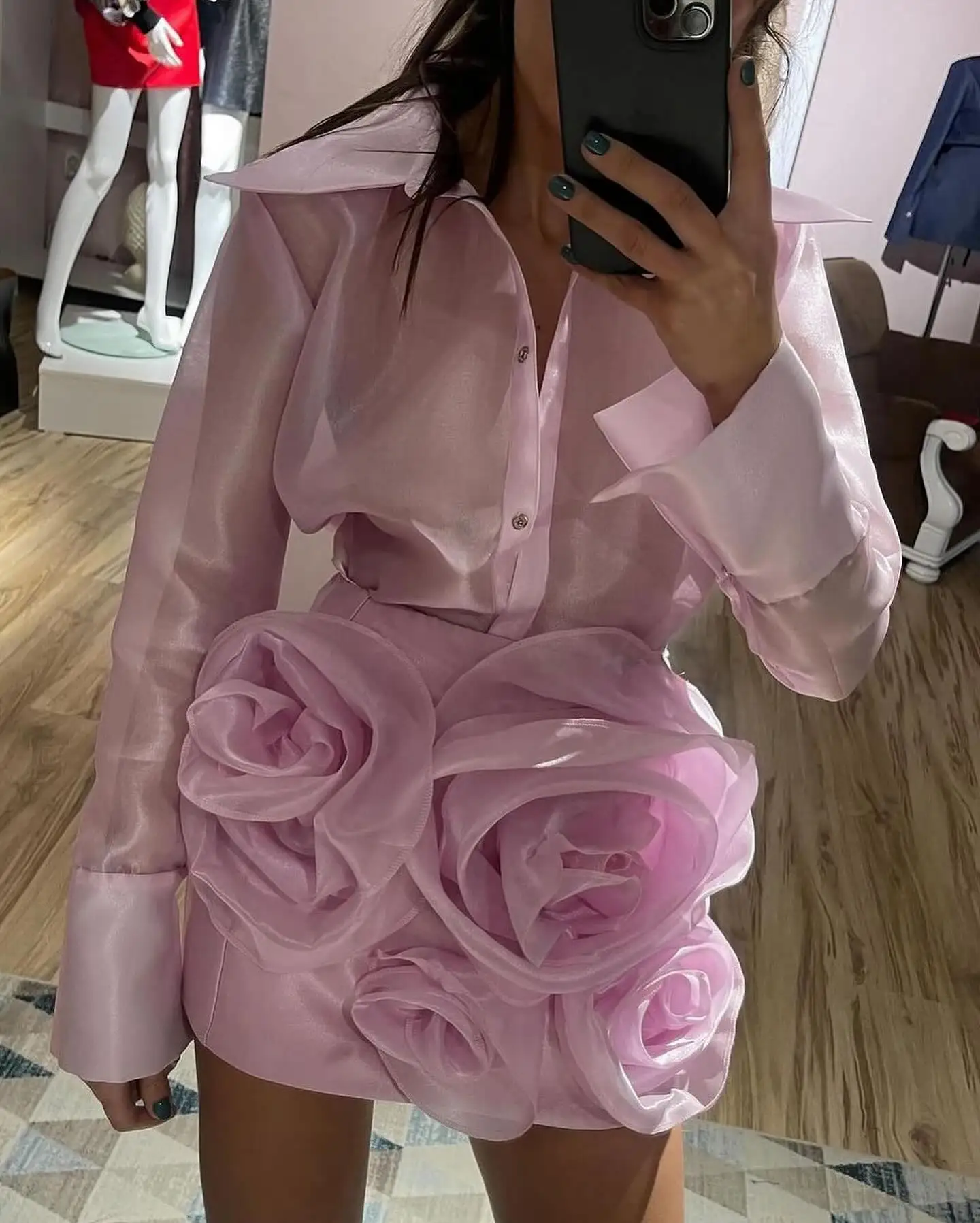 Unique Pink Sheath Short Pencil Skirts With Organza Handmade Flower Details Fashion Bloom Women Mini Maxi Dress