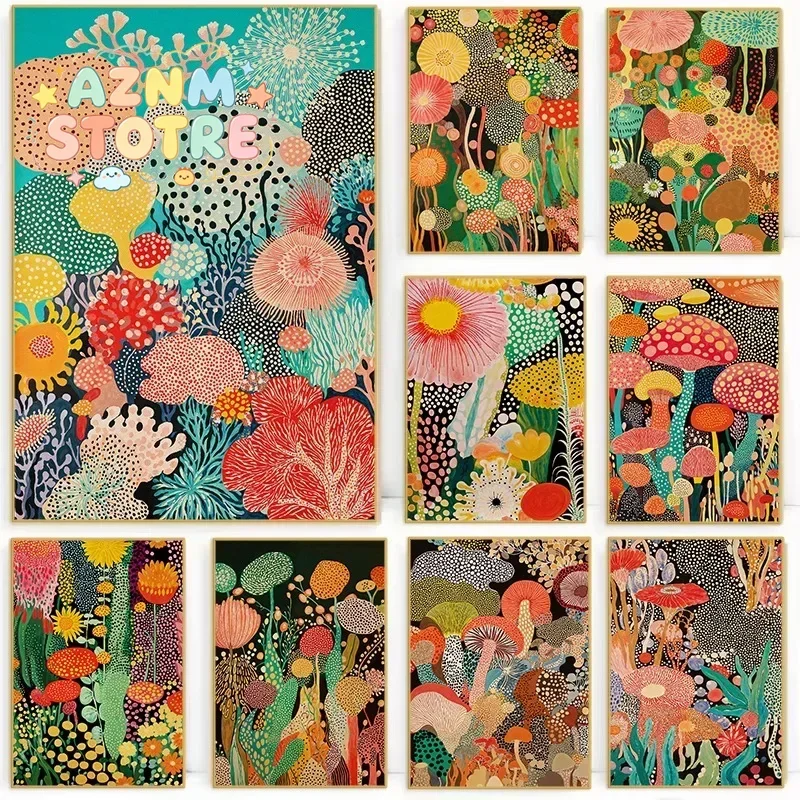 Japan Yayoi Kusama Inspired Botanical Poster Japandi Colorful Floral Polka Artwork Canvas Painting Wall Art for Room Home Dec