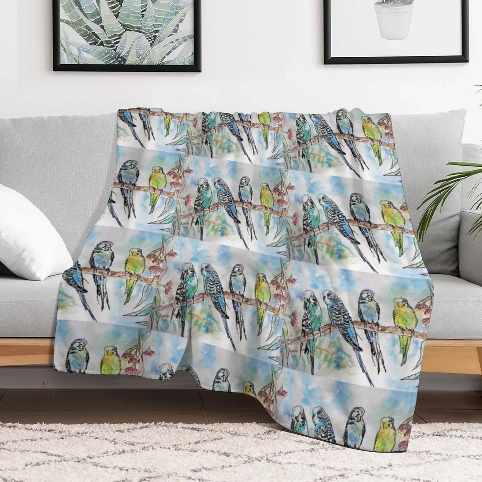 Colourful Budgies Budgerigars Sitting on A Branch Watercolor Painting Throw Blanket Anti Shedding Soft Fuzzy Blanket for Home