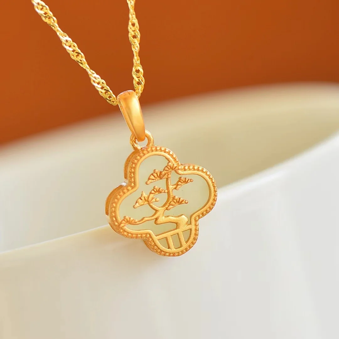 925 Silver Inlaid Hetian Jade Pendant Natural Lucky Stone Four-leaf Clover Necklace Pendants Retro Charm Jewelry Women Jewellery