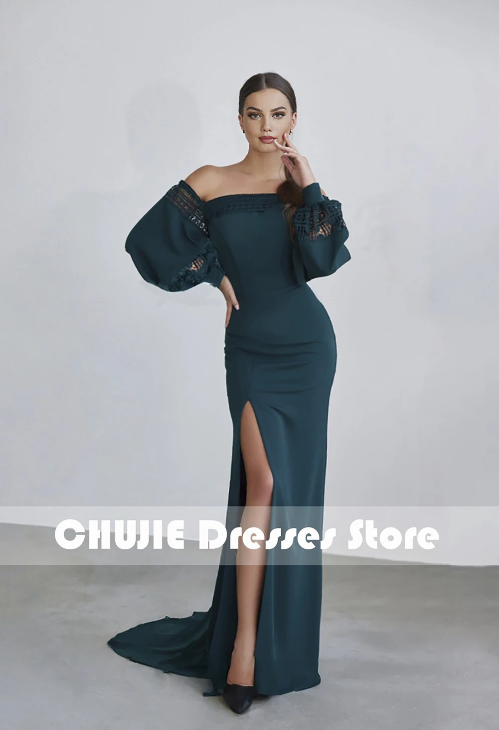 Puffy Sleeve Evening Dresses For Women Customized Formal Occasion Gowns Mermaid With Slit Prom Dress Vestidos Largos De Gala