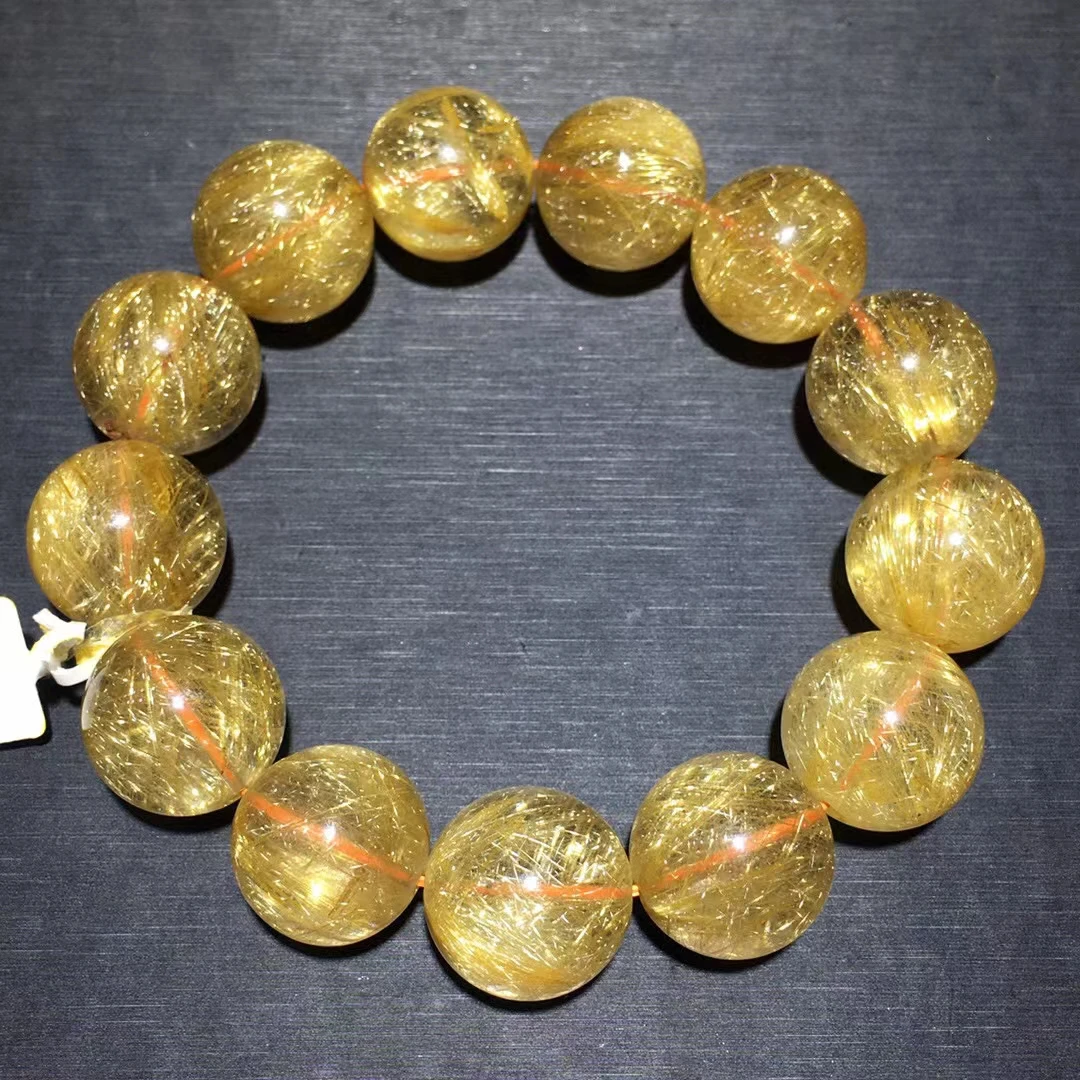 Natural Gold Rutilated Quartz Crystal Woman Man Titanium Wealthy 19.5mm Big Round Beads Bracelet Jewelry Bangle AAAA