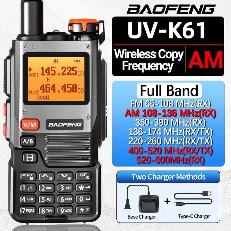 Baofeng Walkie Talkie, UV-K61, Multi-Band, NoAA Noise, Sem fio, Frequência de cópia, Rádio VOX FM, 2600mAh, USB-C Bateria, Aeronave