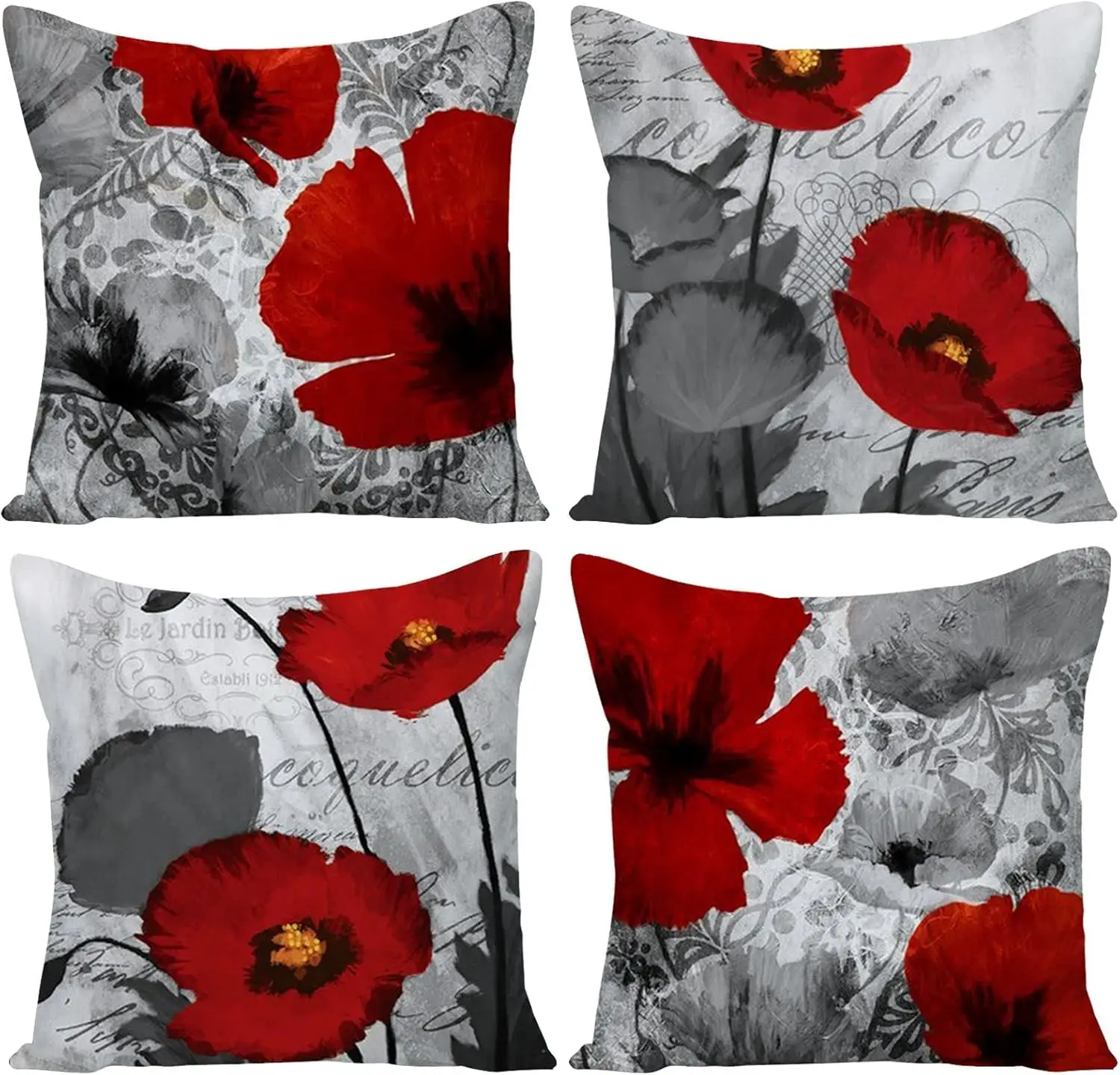 Red Poppy Pillow Covers – Black & White Floral Art 4-Pack Cushion Covers for Sofa, Bedroom, Car, Home Décor