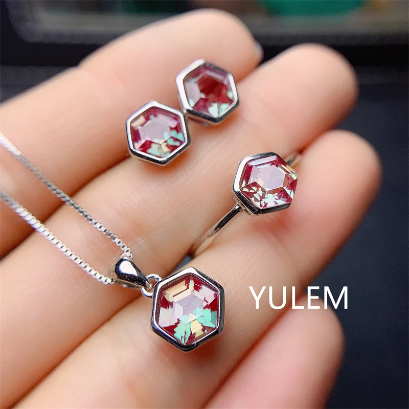 YULEM Labor Alexandrit Edelstein Schmuck Set für Frauen Echtes 925 Sterling Silber Anhänger Halskette Ohrring Party