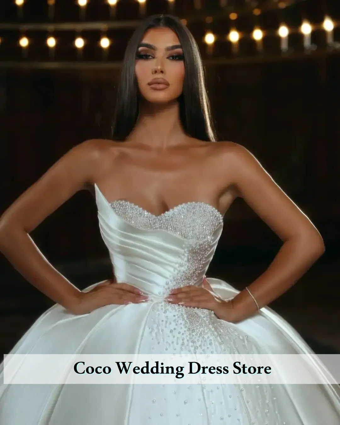 Maßgeschneiderte elegante Ballkleid-Satin-Brautkleider lang für die Braut, herzförmiger Ausschnitt, bauschige Perlen-Brautkleider