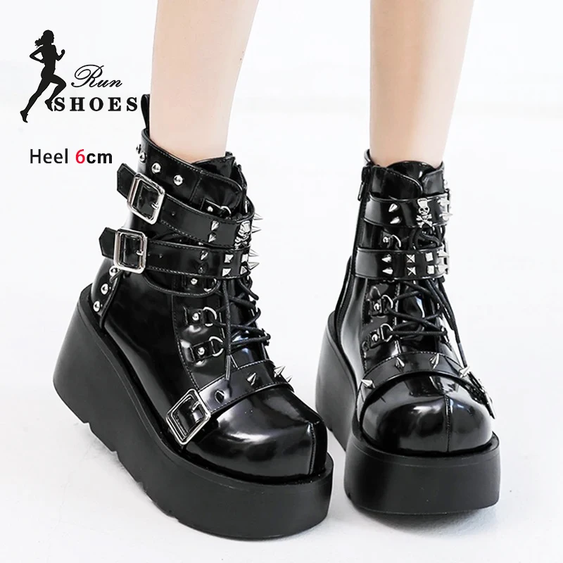 Women Rivet Ankle Boots Side Zipper Platform Gothic Autumn Shoes For Lady Punk Wedges Heels Booties Trend Girl Rock Short Boots