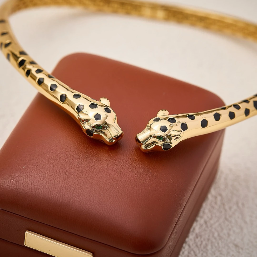 AY مجموعة مجوهرات الأزياء الفاخرة قطرة النفط الأسود اثنين رئيس ليوبارد المختنق قلادة الإسورة للنساء حفل زفاف مجوهرات هدية #2