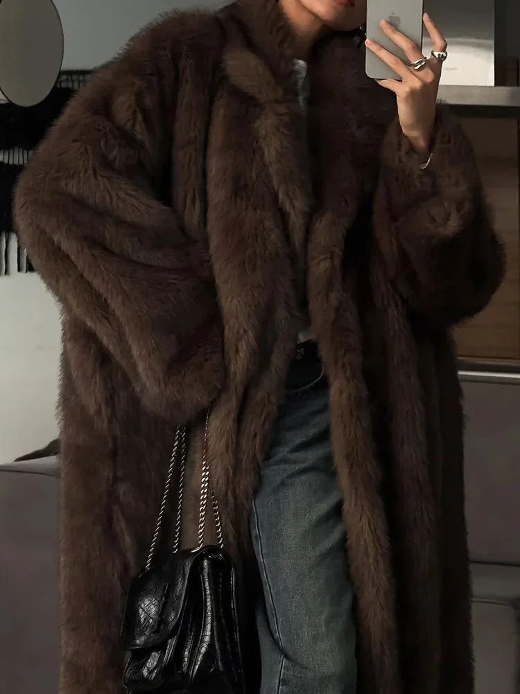 Vintage Luxury Long Faux Fox Fur Coat Women 2025 Winter New Thick Warm Fluffy Furs Jacket Female Street Furry Outerwear Overcoat