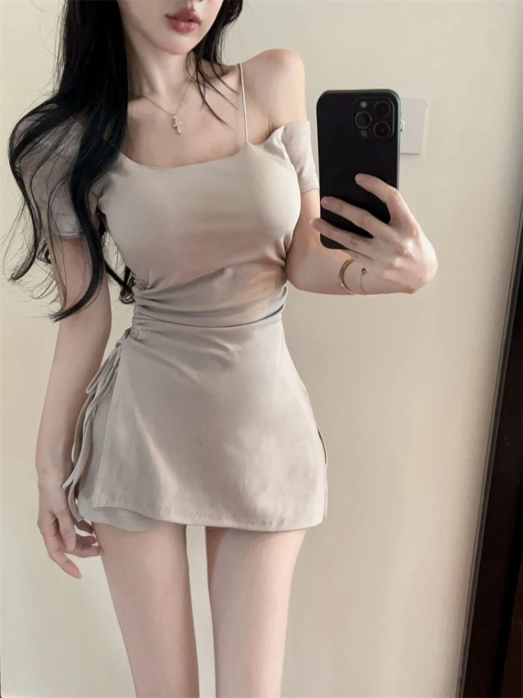 Korean style spicy girl style drawstring waist off shoulder hip bag dress with chest cushion and leggings two-piece set