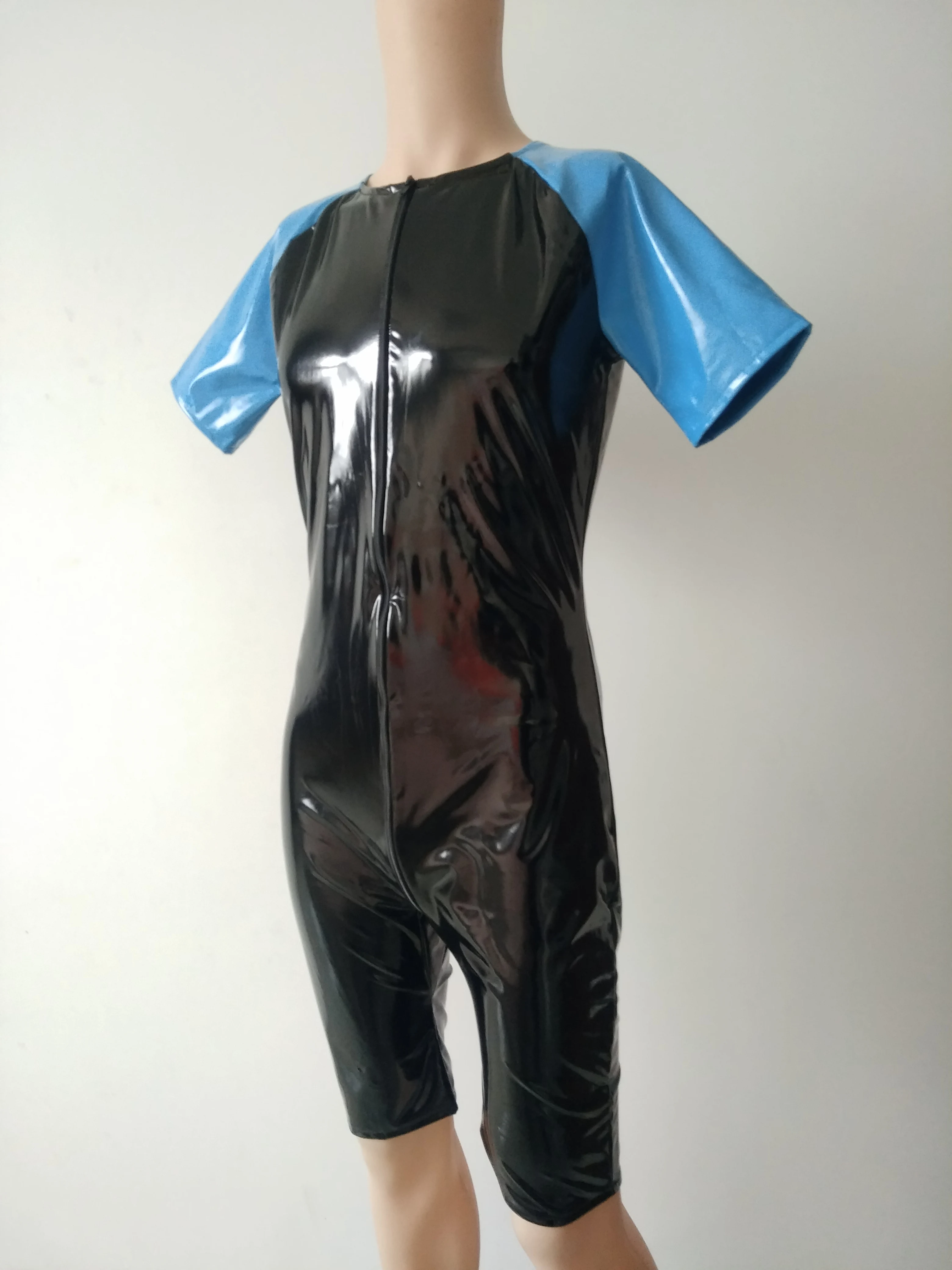 Costume Catsuit en Faux cuir PVC pour hommes, bleu lac et noir, collants, combinaisons simples, Cool, 3 voies, fermeture éclair avant à la hanche