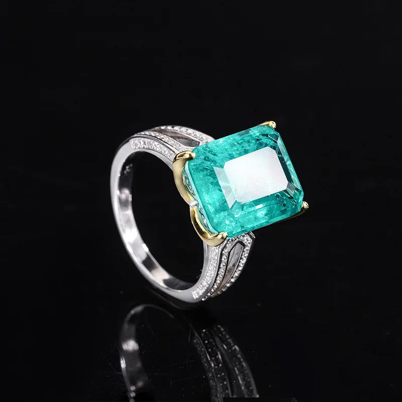 S925 silver imitation wood with green grandmother green ruby rectangular ring main stone 12 * 14