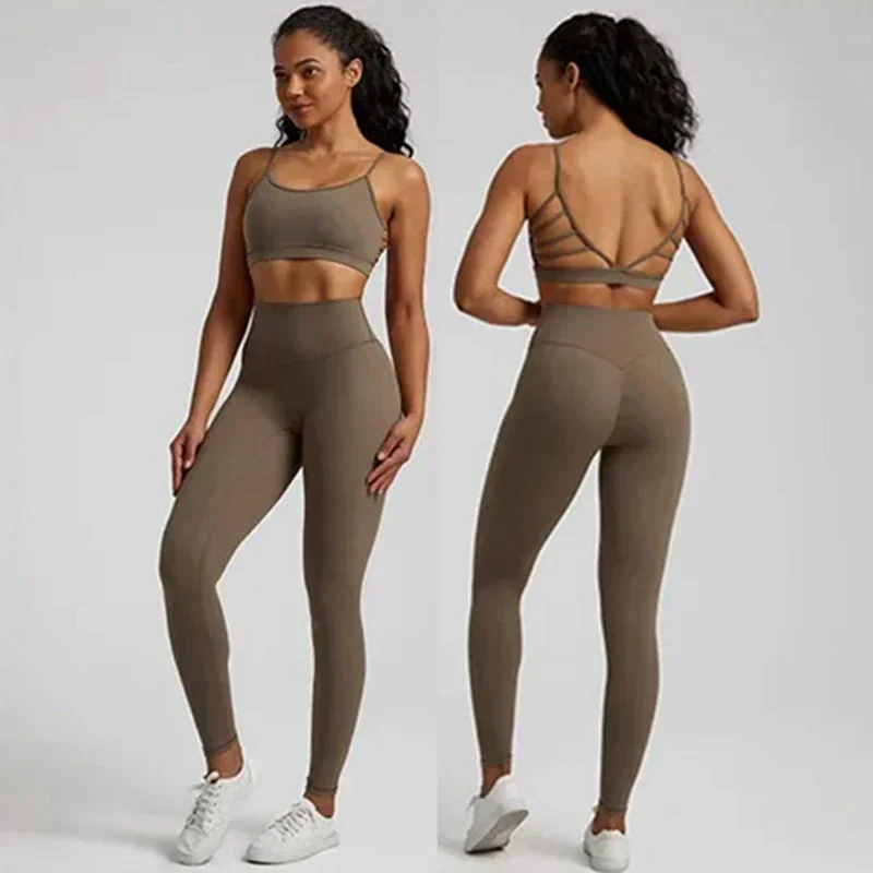 Conjunto de sutiã esportivo e legging com costas de limão para mulheres, ginásio fitness, legging para ioga, treino abrangente, roupa de jogging, gola redonda, 2 peças