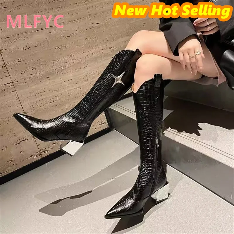 High Heel Pointed Knight Boots Women's Thick Heel Autumn/Winter New V-neck Long Tubing Boots Over Knee Western Boots